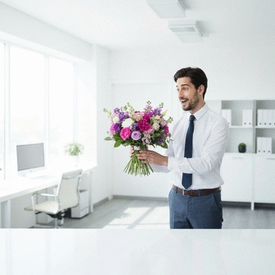 Professional receiving a beautifully arranged floral gift in an office setting