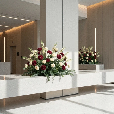 Elegant corporate flower arrangement in a modern office lobby with natural light, no text, no words, no typography, no labels, clean image