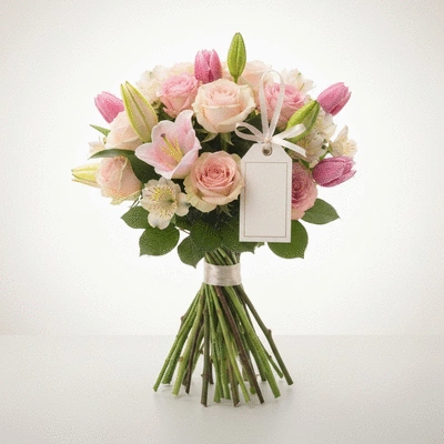 Elegant bouquet of mixed flowers with a gift tag, soft lighting, no text, no words, no typography, no labels, clean image