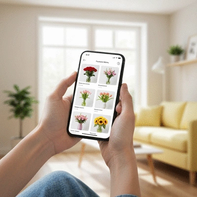 Person browsing a flower delivery app on a smartphone