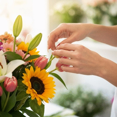 Close-up of a florist's hands arranging a bouquet of colorful flowers