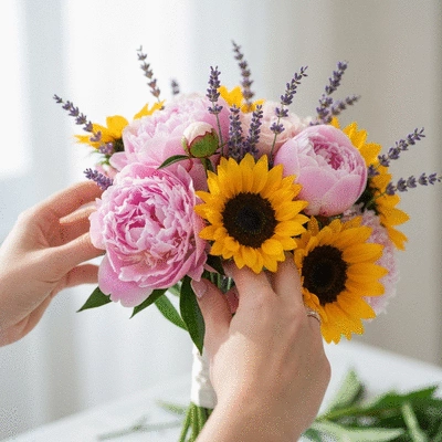 Close-up of hands arranging flowers for a DIY wedding bouquet