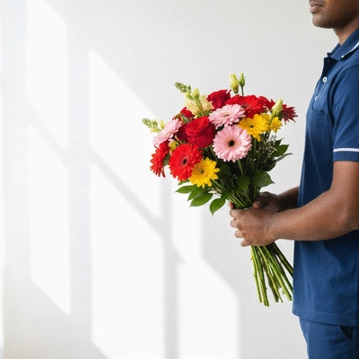 Flower delivery process showing a bouquet being handled by a delivery person