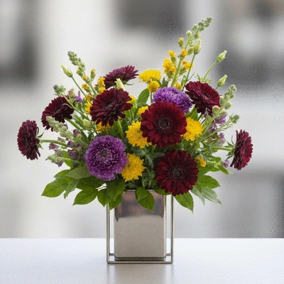 Modern masculine flower arrangement with strong colors and unique textures