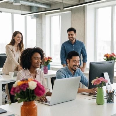 Diverse team collaborating in a modern office with vibrant floral arrangements, showing positive work culture