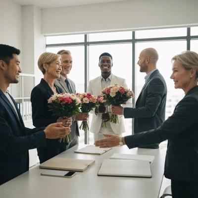 A diverse group of business professionals celebrating with flowers in a modern office, symbolizing teamwork and appreciation, no text, no words, no typography, clean image