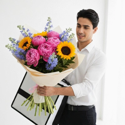 Beautiful bouquet of mixed flowers being delivered in Dubai