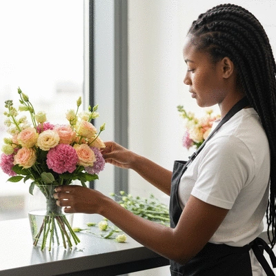 Person arranging a beautiful bouquet of flowers for delivery in Dubai, bright and professional setting