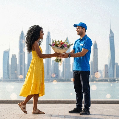 Woman happily receiving a flower bouquet from a delivery person