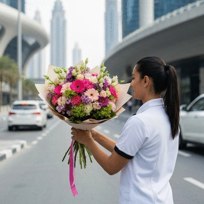 Beautiful bouquet of fresh, vibrant flowers being delivered in Dubai