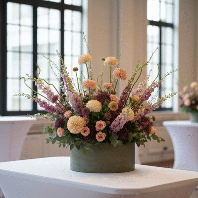 Modern floral display with diverse textures and colors at a corporate event