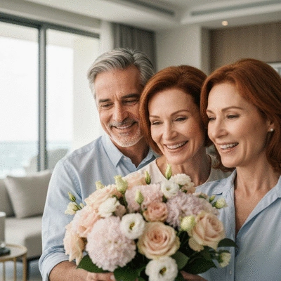Happy couple admiring a bouquet of flowers in a modern Dubai apartment
