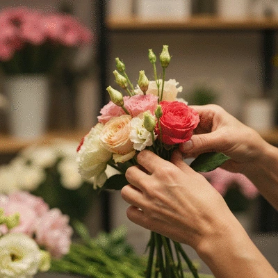 Close-up of hands arranging a bouquet of flowers, showcasing customization and personalization