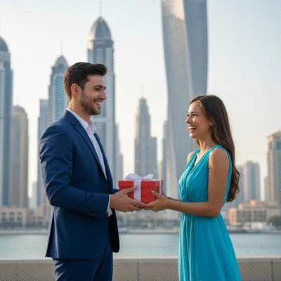 Couple exchanging gifts in Dubai, smiling, modern cityscape background