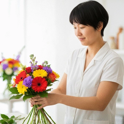 Person arranging a beautiful bouquet of fresh birthday flowers, vibrant colors, soft focus background, no text, no words, no typography, no labels, clean image