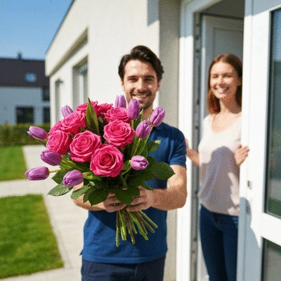 Beautiful fresh flower bouquet being delivered to a happy recipient's door