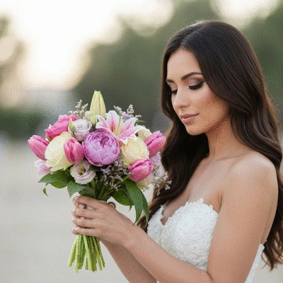Beautiful wedding bouquet with seasonal flowers in Dubai, held by a bride, natural light, soft focus background
