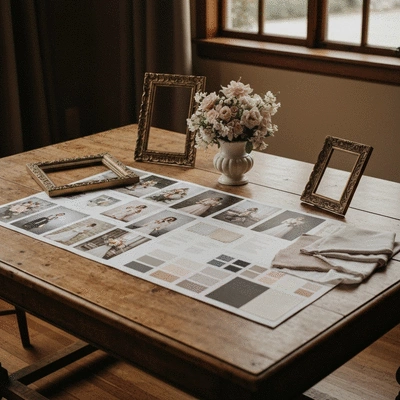 Wedding planning inspiration board with flowers, color swatches, and fabric samples