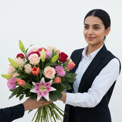 Beautiful bouquet of fresh, vibrant flowers being delivered by hand in Dubai