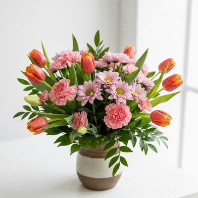 Beautiful bouquet of mixed affordable flowers in Dubai, bright setting