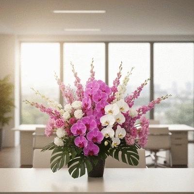 Elegant floral arrangement in a modern office setting, symbolizing corporate gifting