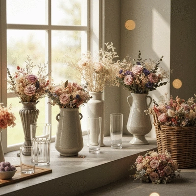 Various preserved flowers and bouquets displayed as home decor, clean image, no text, no words, no typography, 8K