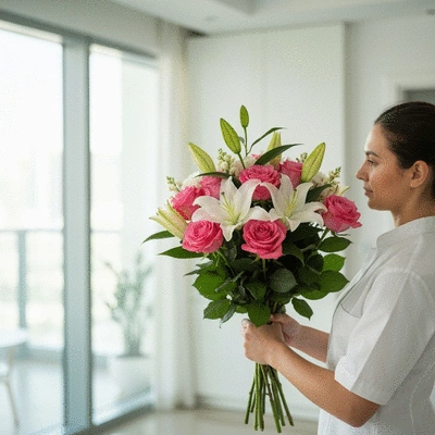 Beautiful fresh bouquet of mixed flowers being delivered in Dubai, natural light, soft focus background