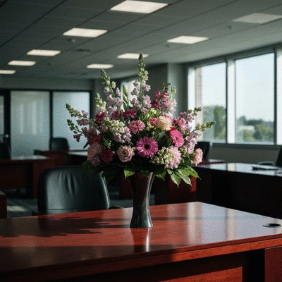 Elegant floral arrangement in a professional office setting, symbolizing corporate gifting