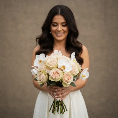 Elegant bridal bouquet with a mix of roses and orchids, held by a bride in a wedding dress, soft focus background, natural light, no text, no words, no typography, 8K