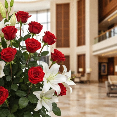Beautiful arrangement of red roses and lilies, symbolizing love and purity for an anniversary in Dubai.