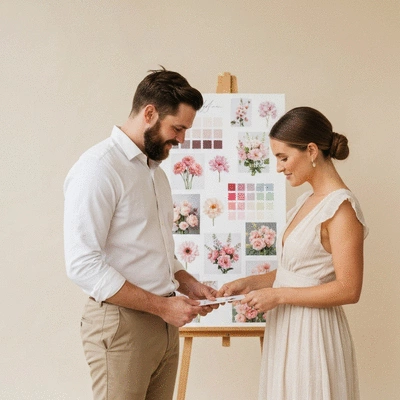 Couple looking at a floral vision board with various flower images and color swatches