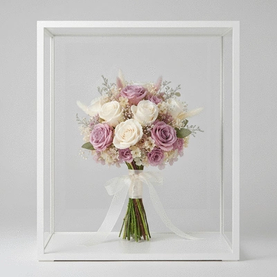Beautifully preserved wedding bouquet in a display case, clean image, no text, no words, no typography, 8K