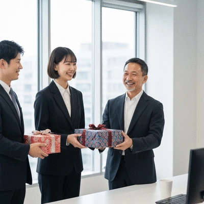 Modern office setting with employees exchanging gifts and smiling, symbolizing appreciation and strong relationships