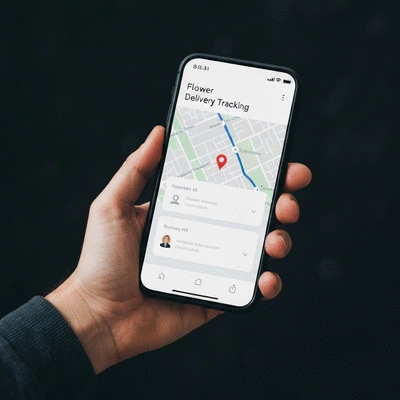 Hand holding a smartphone with a flower delivery tracking app on screen