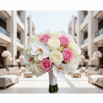Luxurious white and pink bridal bouquet with roses and orchids, against a soft blurred background of a Dubai wedding venue