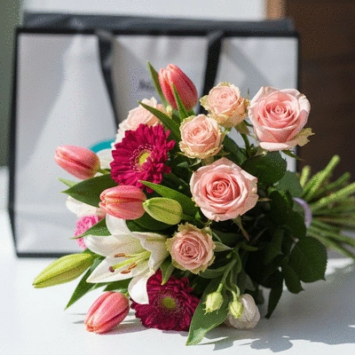 Beautiful fresh bouquet of mixed flowers with a delivery box in the background