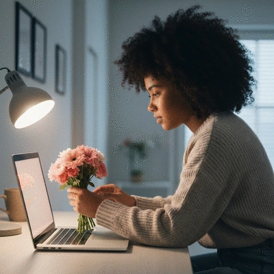 Person thoughtfully selecting flowers on a laptop for next-day delivery