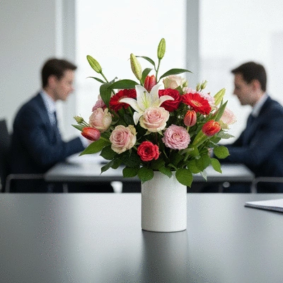 Elegant bouquet of flowers on a modern office desk with a blurred background of a business meeting, symbolizing corporate appreciation, no text, no words, no typography, clean image