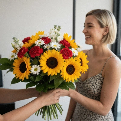 Beautifully arranged bouquet of fresh, vibrant flowers being delivered to a happy recipient in Dubai, no text, no words, no typography, clean image