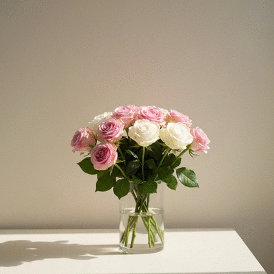 Elegant classic arrangement of pink and white roses in a clear glass vase, set on a minimalist background, symbolizing timeless elegance for a birthday.
