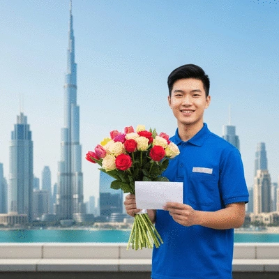 A vibrant bouquet of fresh flowers being delivered by a service person, with Dubai cityscape in the blurred background, no text, no words, no typography, 8K